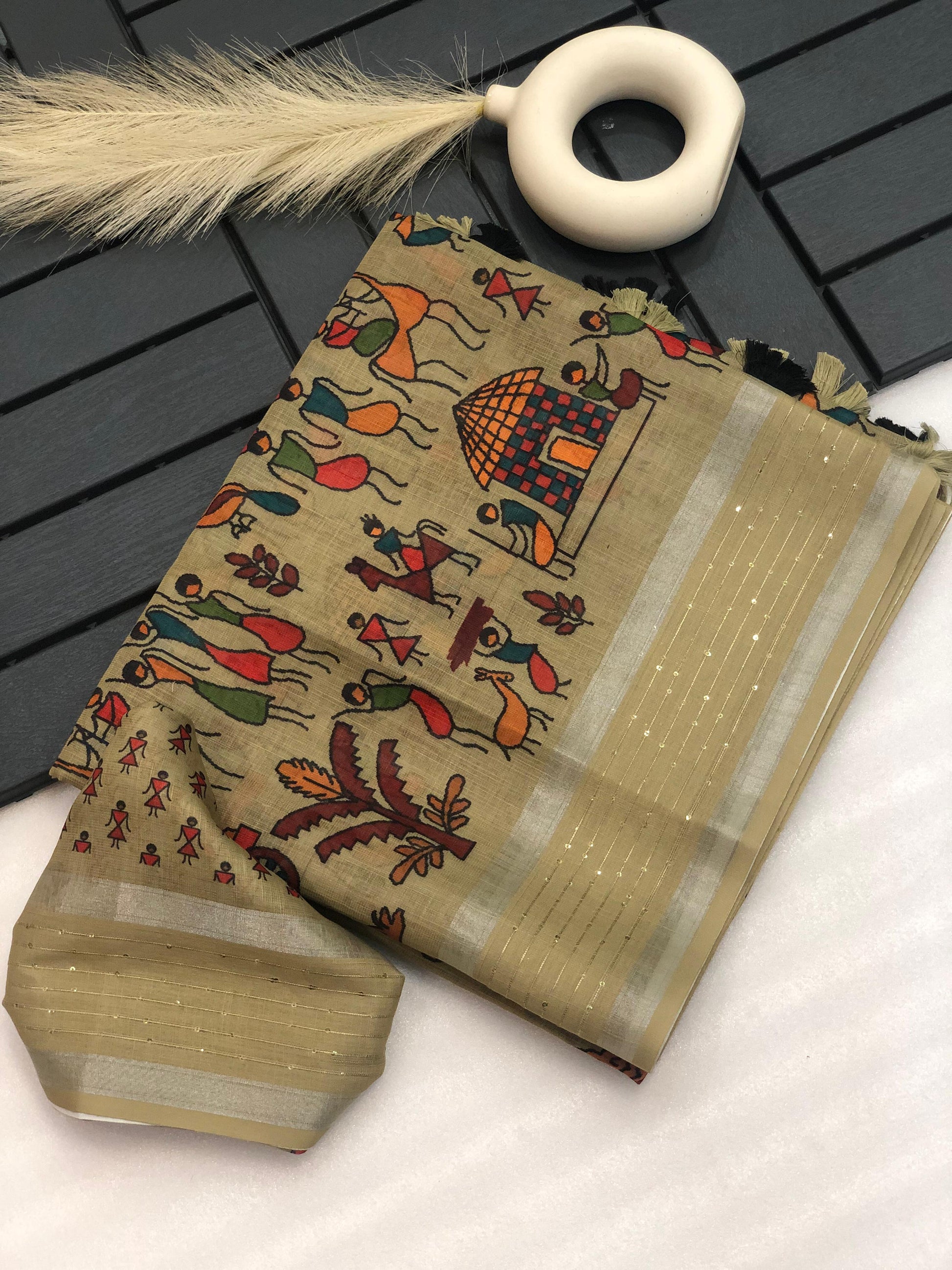 Product Image - Elegant Pure Linen Saree with Heavy Zari Border and Sequence Detailing
