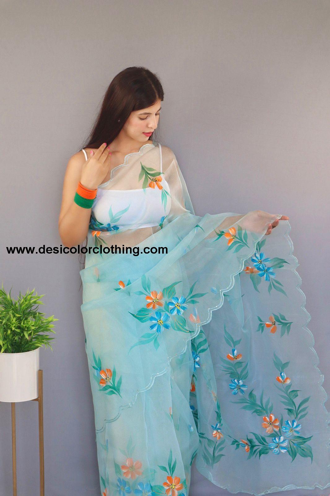 Beautiful Hand-Painted Organza Silk Saree – A Blend of Artistry and Elegance