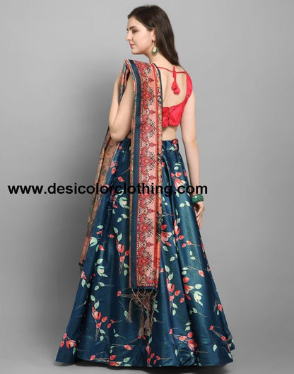 Beautiful Peacock Blue Coloured Poly Silk Digital Printed Casual Wear Lehenga