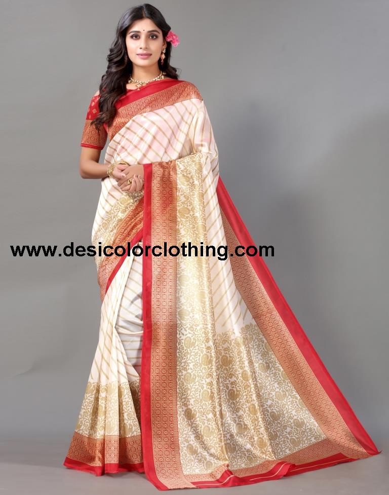Cream Printed Silk Saree
