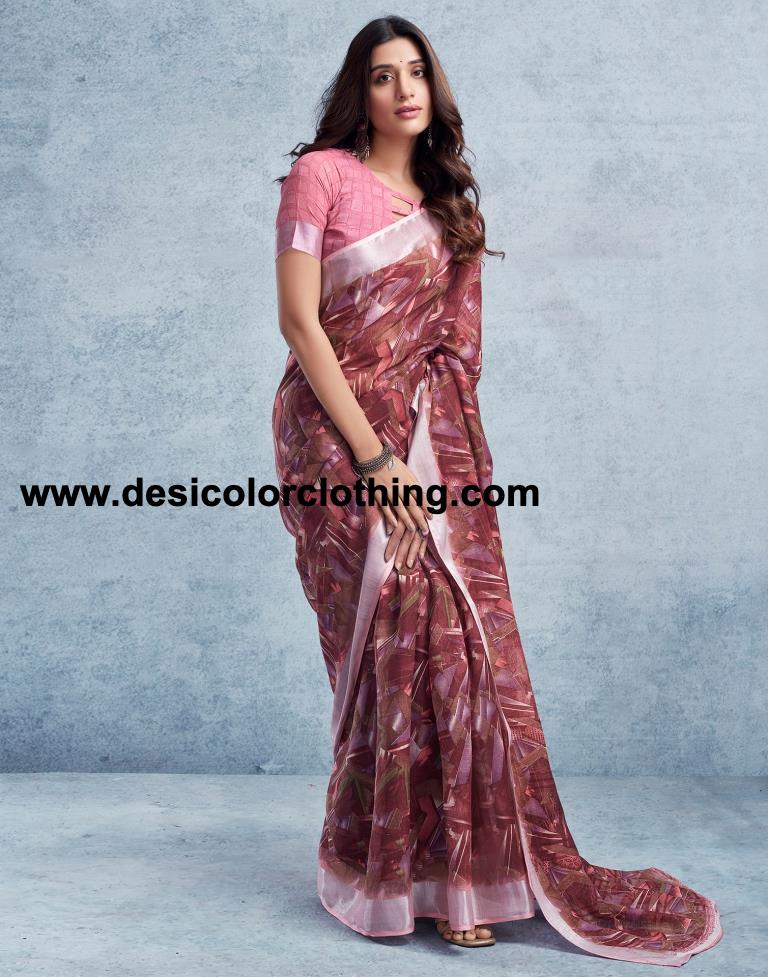 Wine Linen Printed  Saree