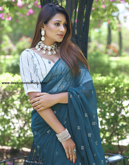 Rama Blue Georgette Sequence Embroidery Saree
