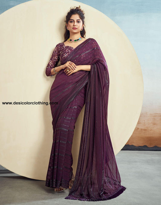 Wine Plain Georgette Saree