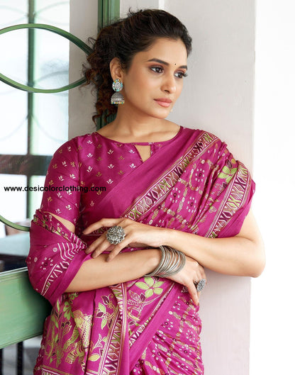 Rani Pink Printed Silk Saree