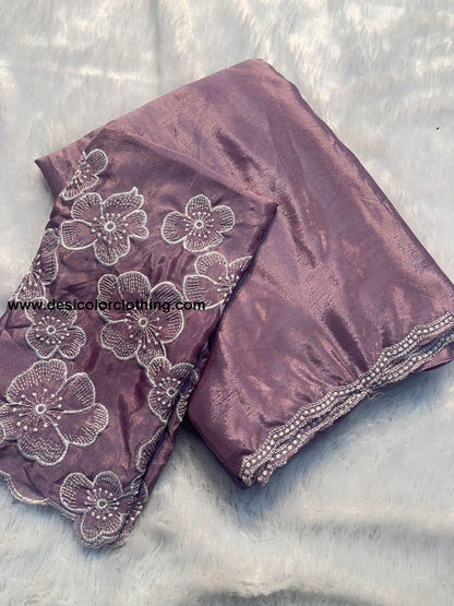 White Rose Chinon Saree with Multi-Embroidery and Piping Work