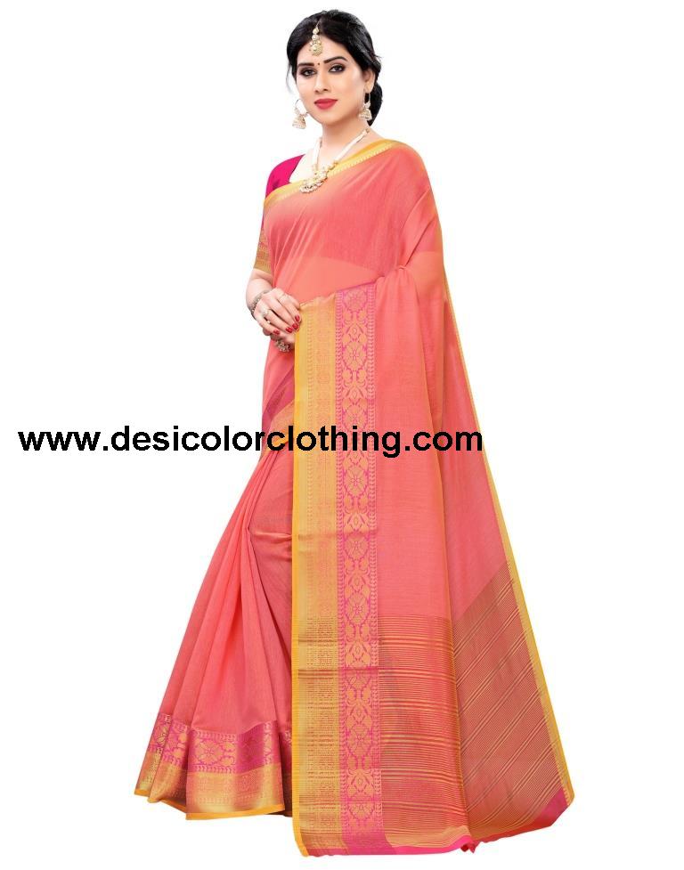 Coral Pink Coloured Jacquard Cotton Saree | SLV1554S123