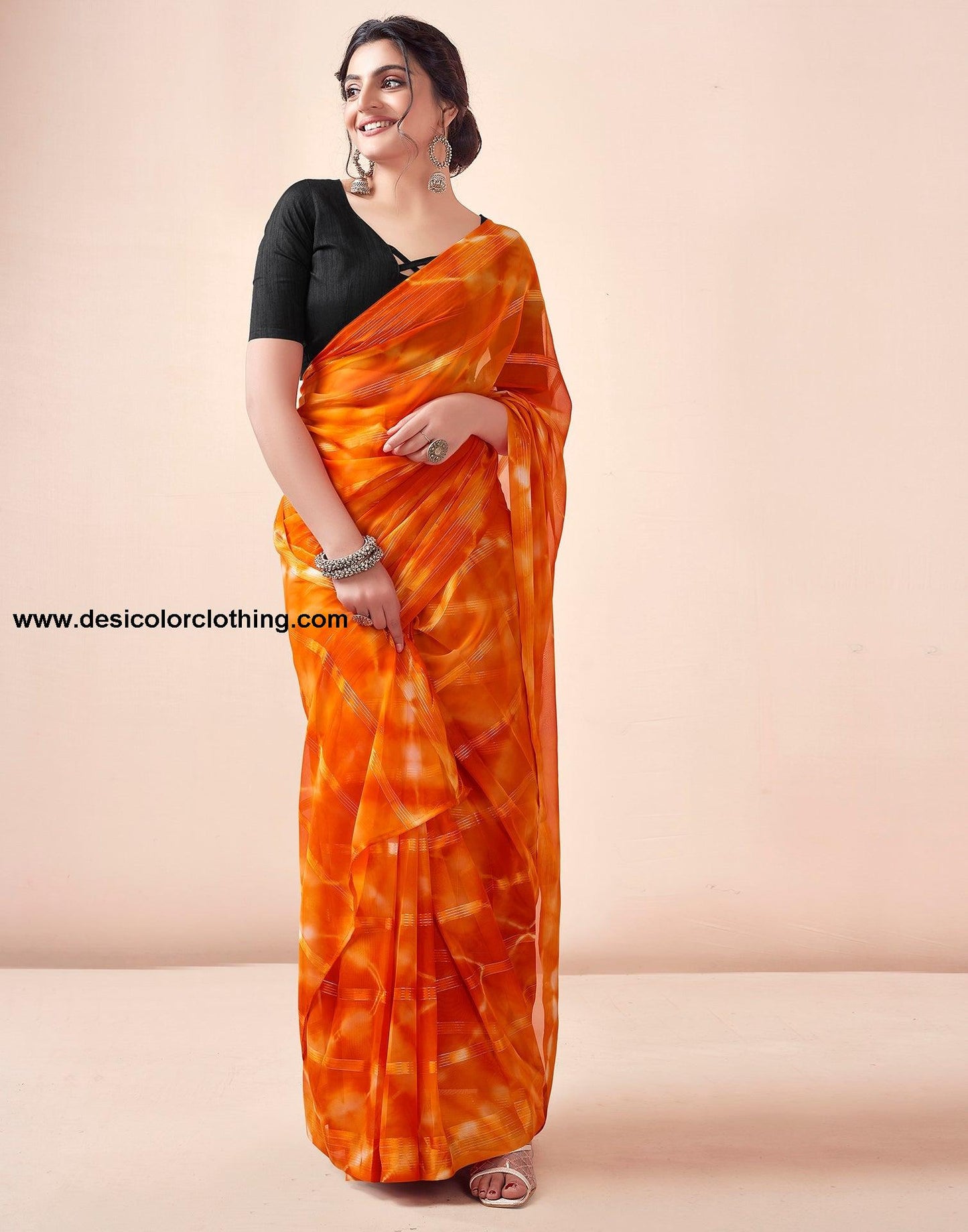 Orange Georgette Printed Ready to Wear Saree