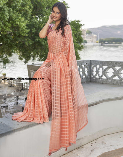 Peach Checkered Chiffon Woven Saree