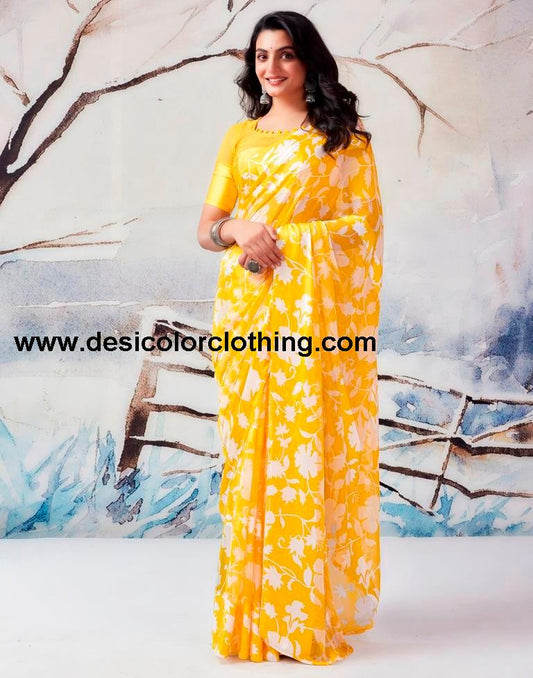 Yellow Georgette Printed  Saree