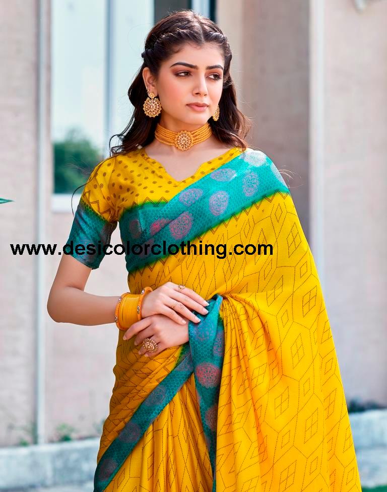 Yellow Cotton Printed Sarees