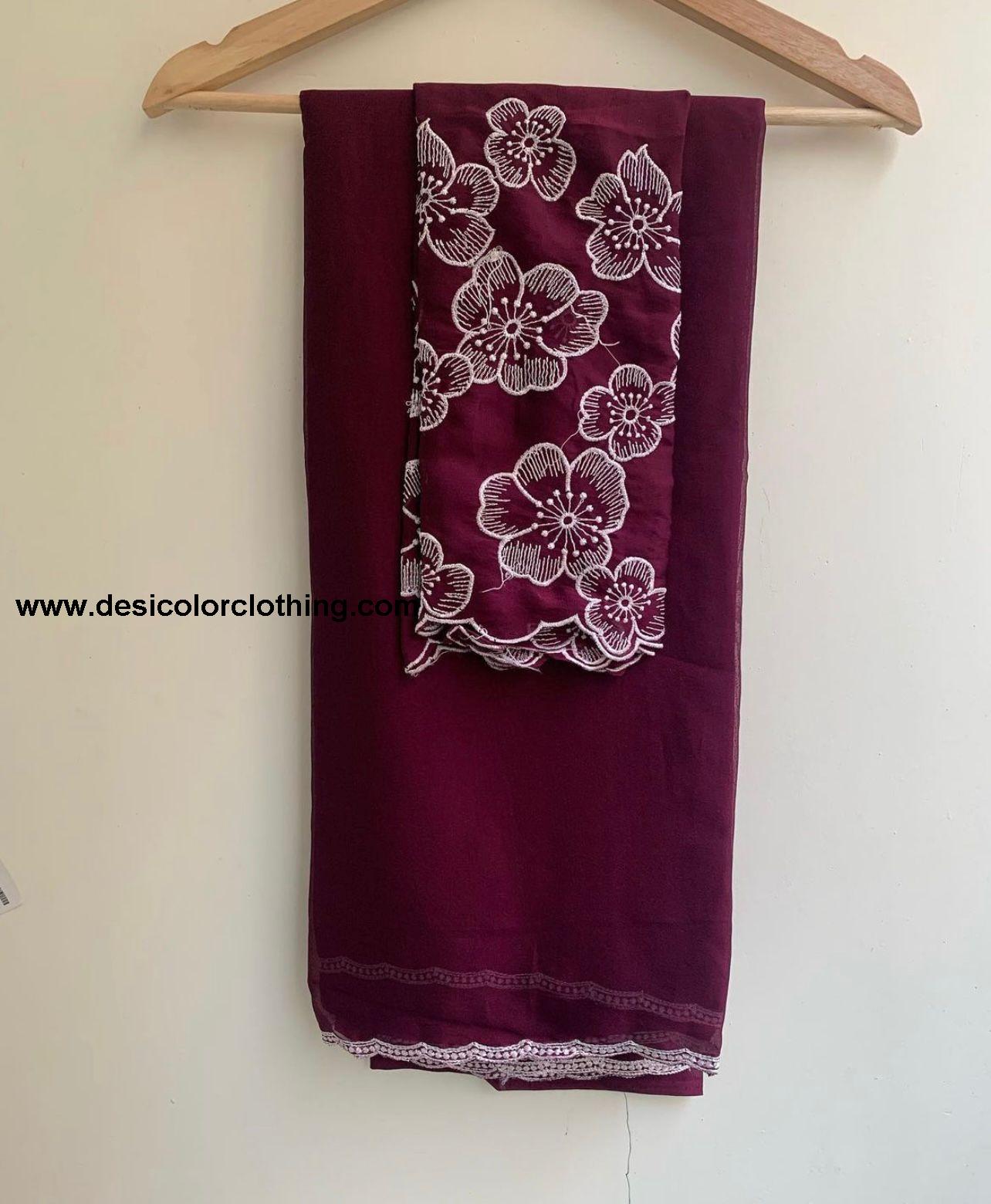 White Rose Chinon Saree with Multi-Embroidery and Piping Work