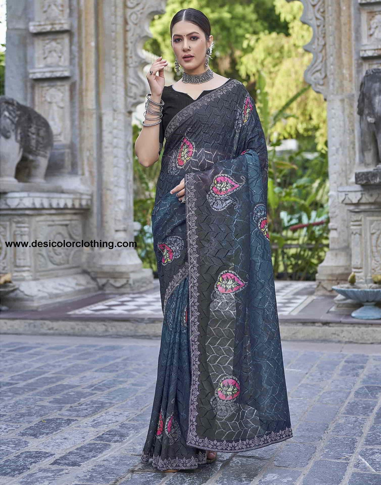 Blue Printed Net Stone Work Saree