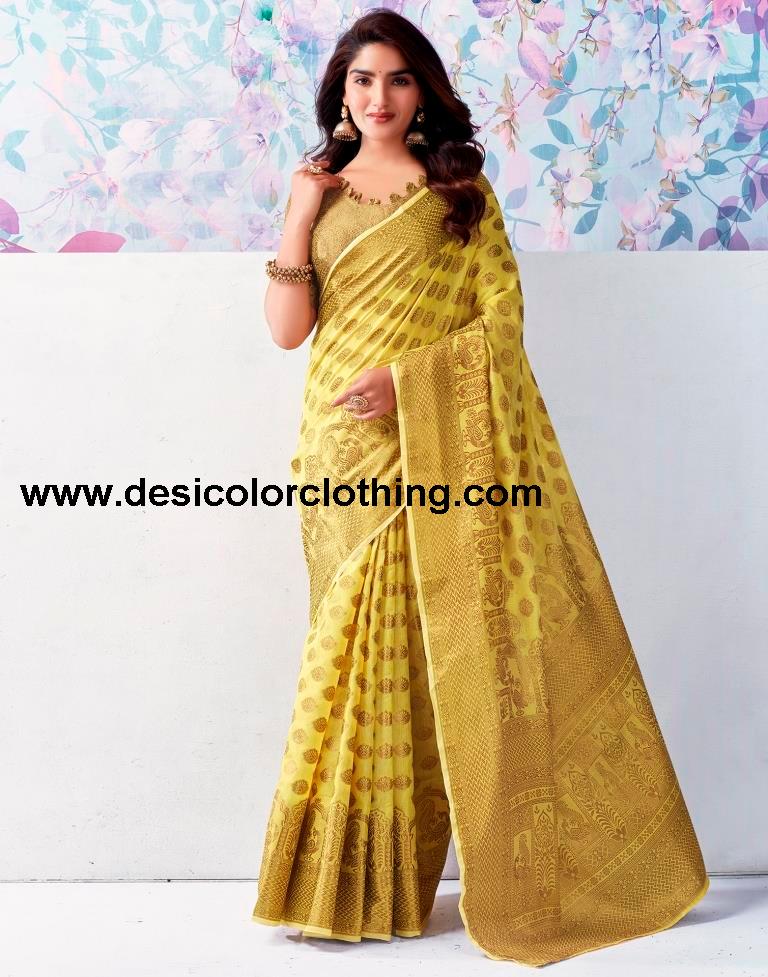 Yellow Silk Plain Saree
