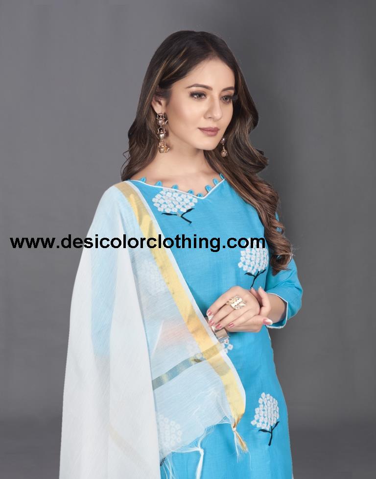 Blue Cotton Embroidered Unstitched Salwar Suit