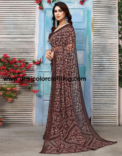 Brown Chiffon Printed Saree