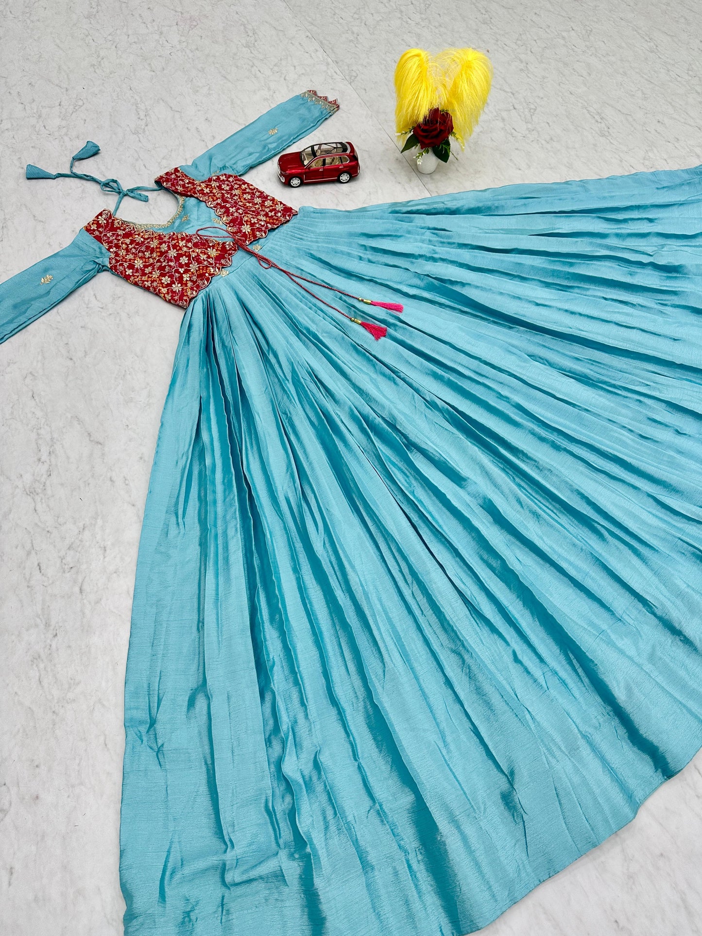 Product Image - Designer Bandhej Gown with Attached Shrug - Perfect Wedding & Festive Attire