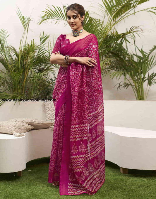 Rani Pink Cotton Printed Saree