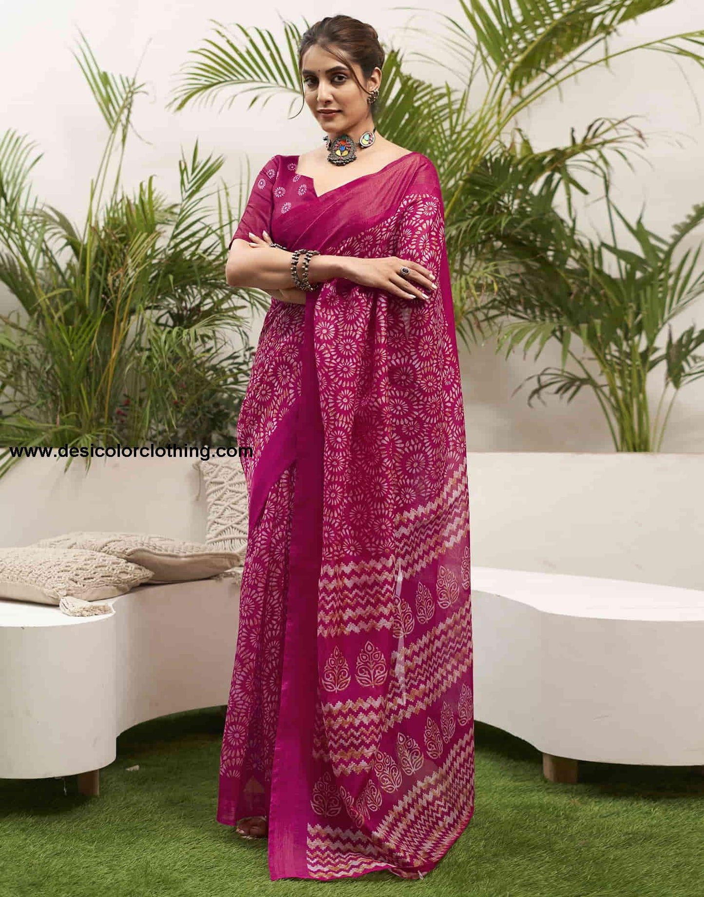 Rani Pink Cotton Printed Saree