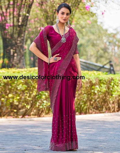 Dark Pink Georgette Plain Saree