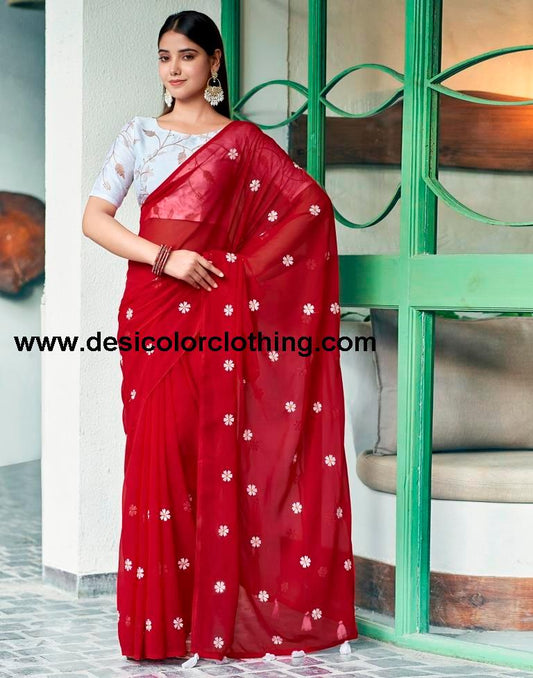 Red Georgette Embroidery Saree