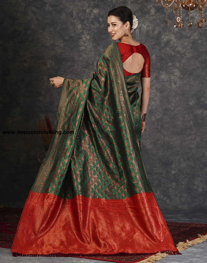 Green and Red Banarasi Silk Woven Saree