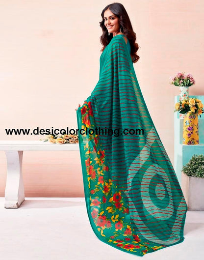 Teal Green Renial Printed  Saree