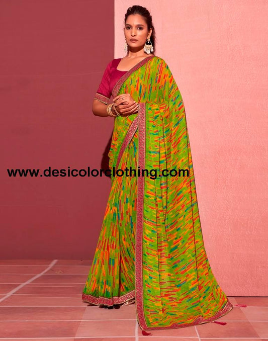 Green Chiffon Printed Saree