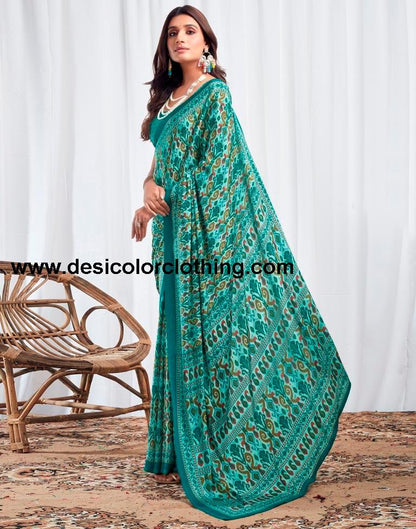 Teal Blue Silk Printed Sarees