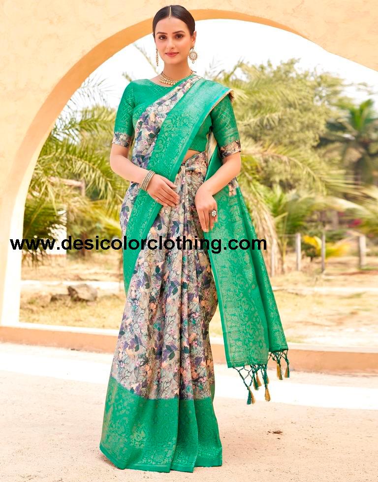 Teal Green Silk Printed Ready To Wear