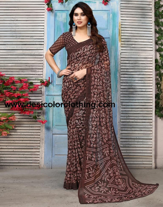 Brown Chiffon Printed Saree