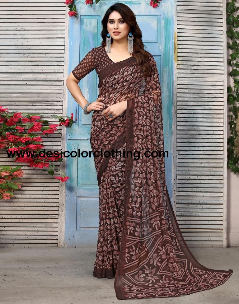Brown Chiffon Printed Saree