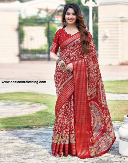 Red Silk Printed Saree