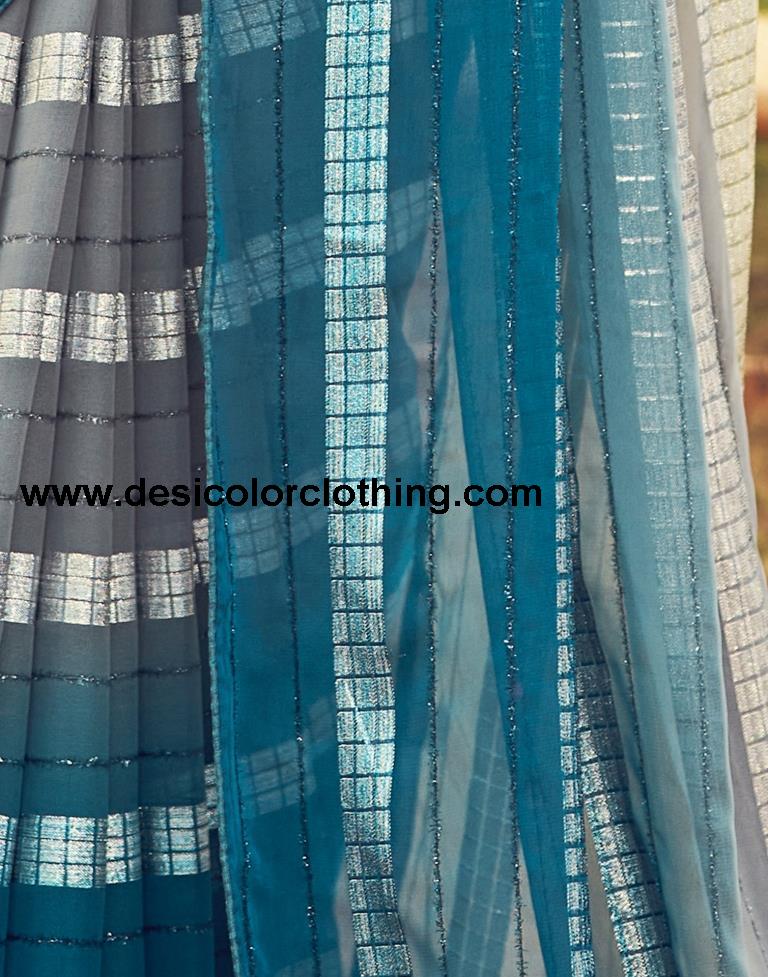 Teal Blue Georgette Plain Saree