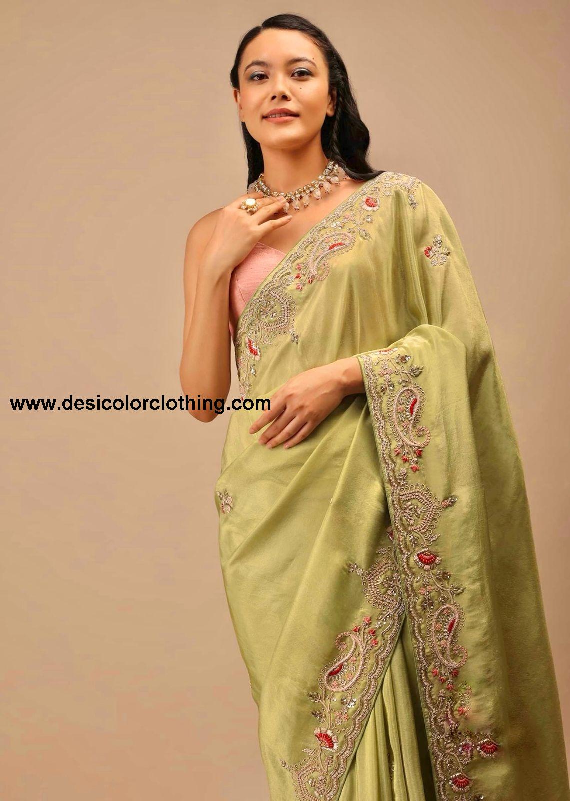 Premium Diamond Chinon Silk Saree with Heavy Embroidery