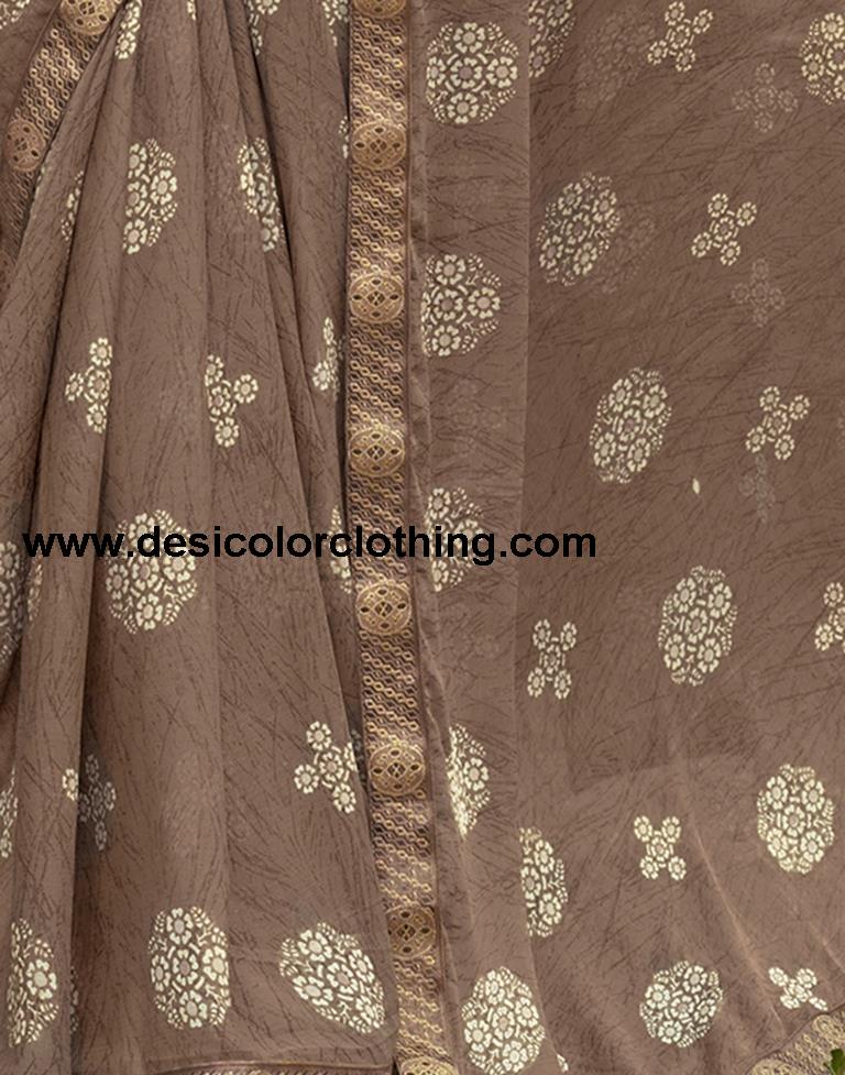 Brown Chiffon Printed Saree