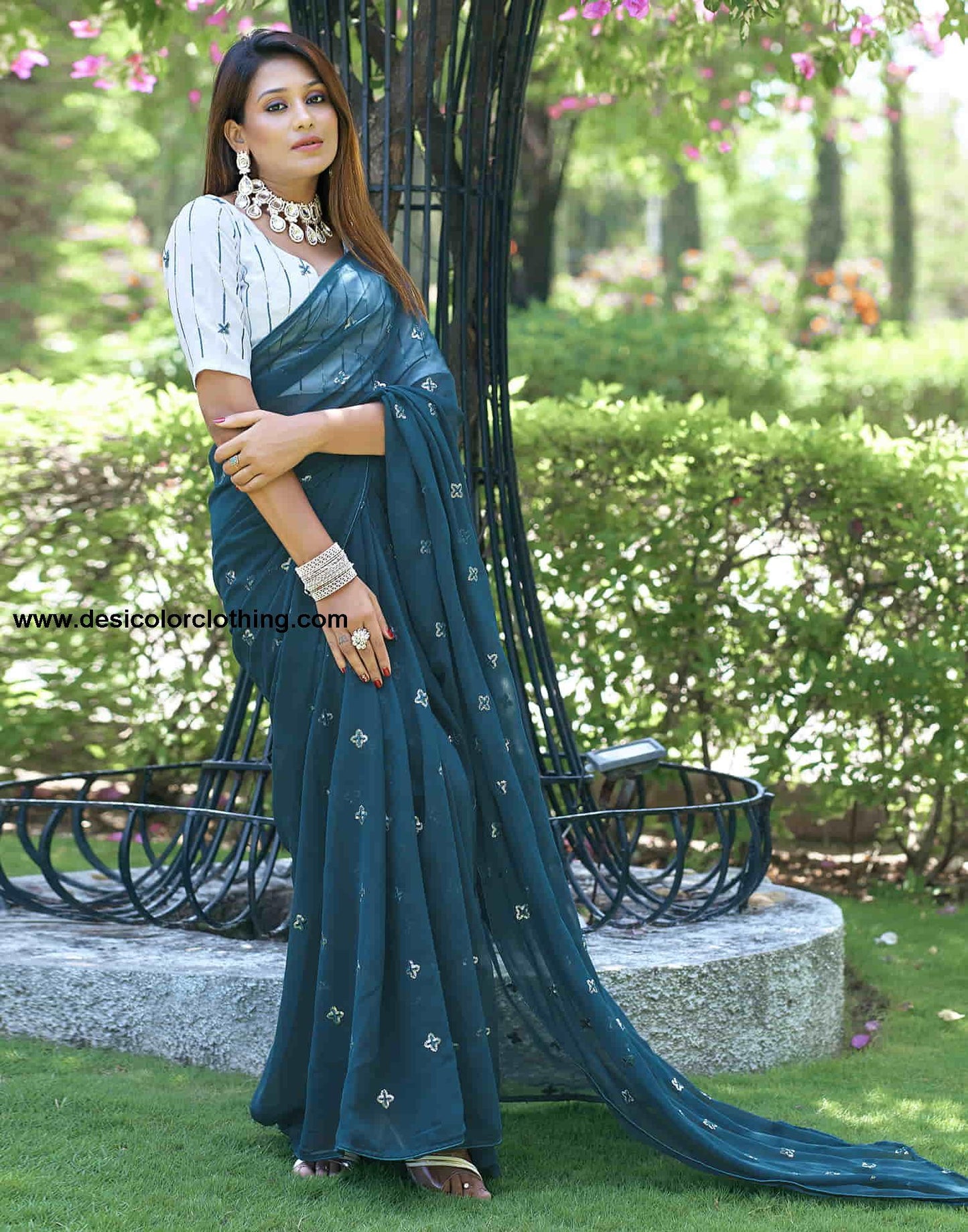 Rama Blue Georgette Sequence Embroidery Saree