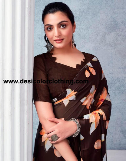 Brown Georgette Printed  Saree