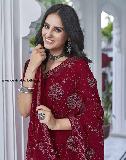 Red Swarovski Georgette Stone Work Saree