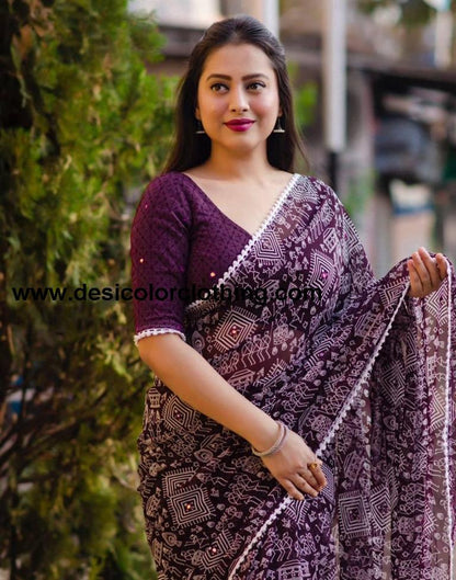 Wine Georgette Printed Saree