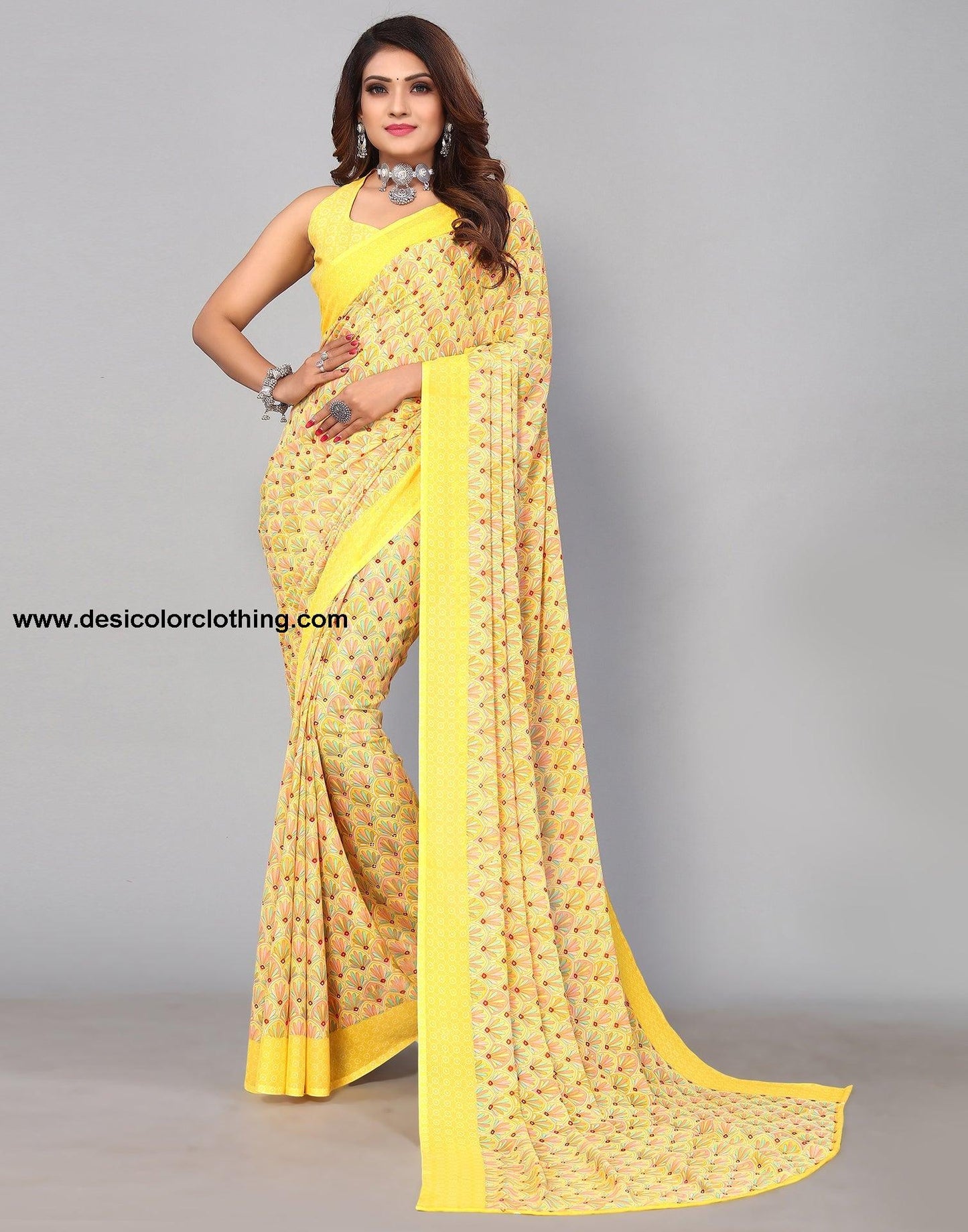 Yellow Georgette Printed Saree