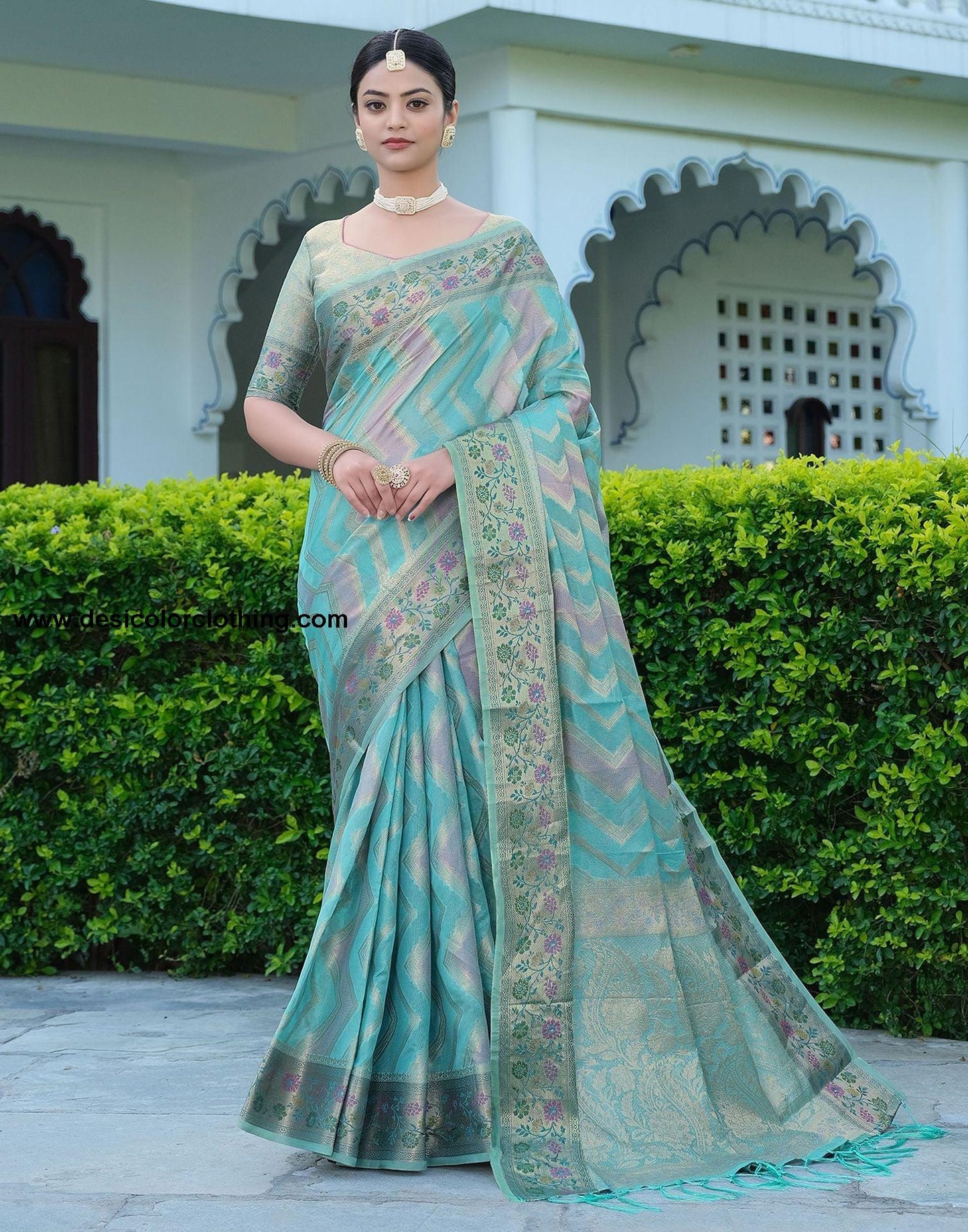 Sky Blue Woven Banarasi Organza Saree