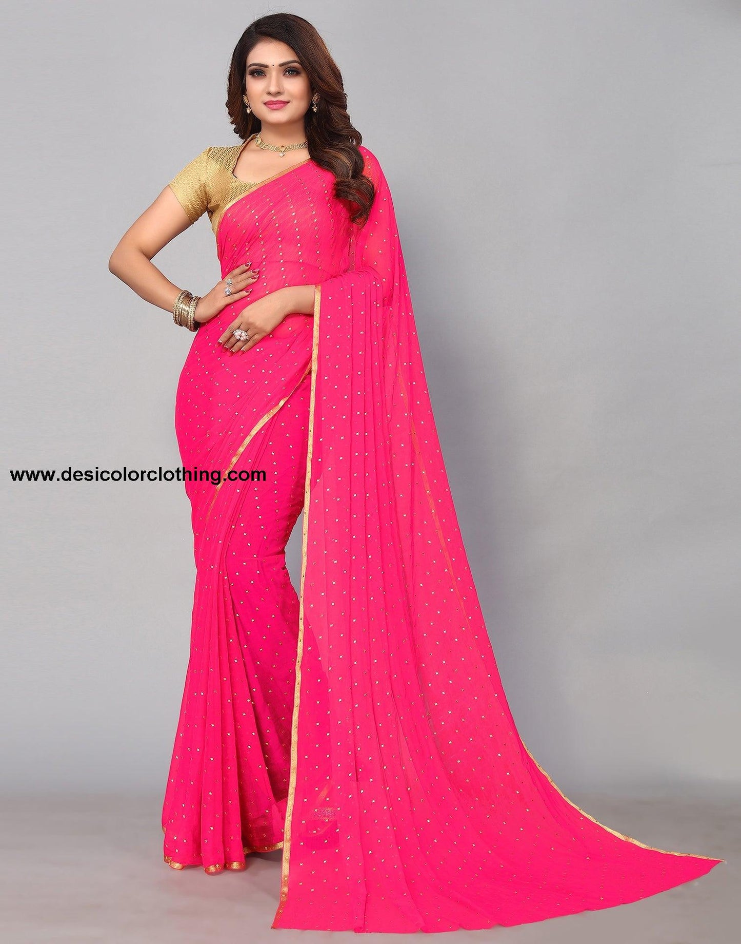 Pink Chiffon Plain Saree