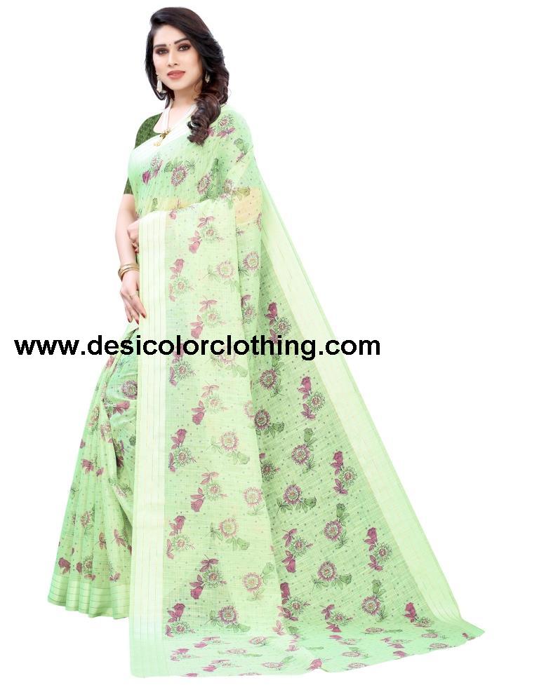 Pista Green Coloured Poly Cotton Printed Casual saree