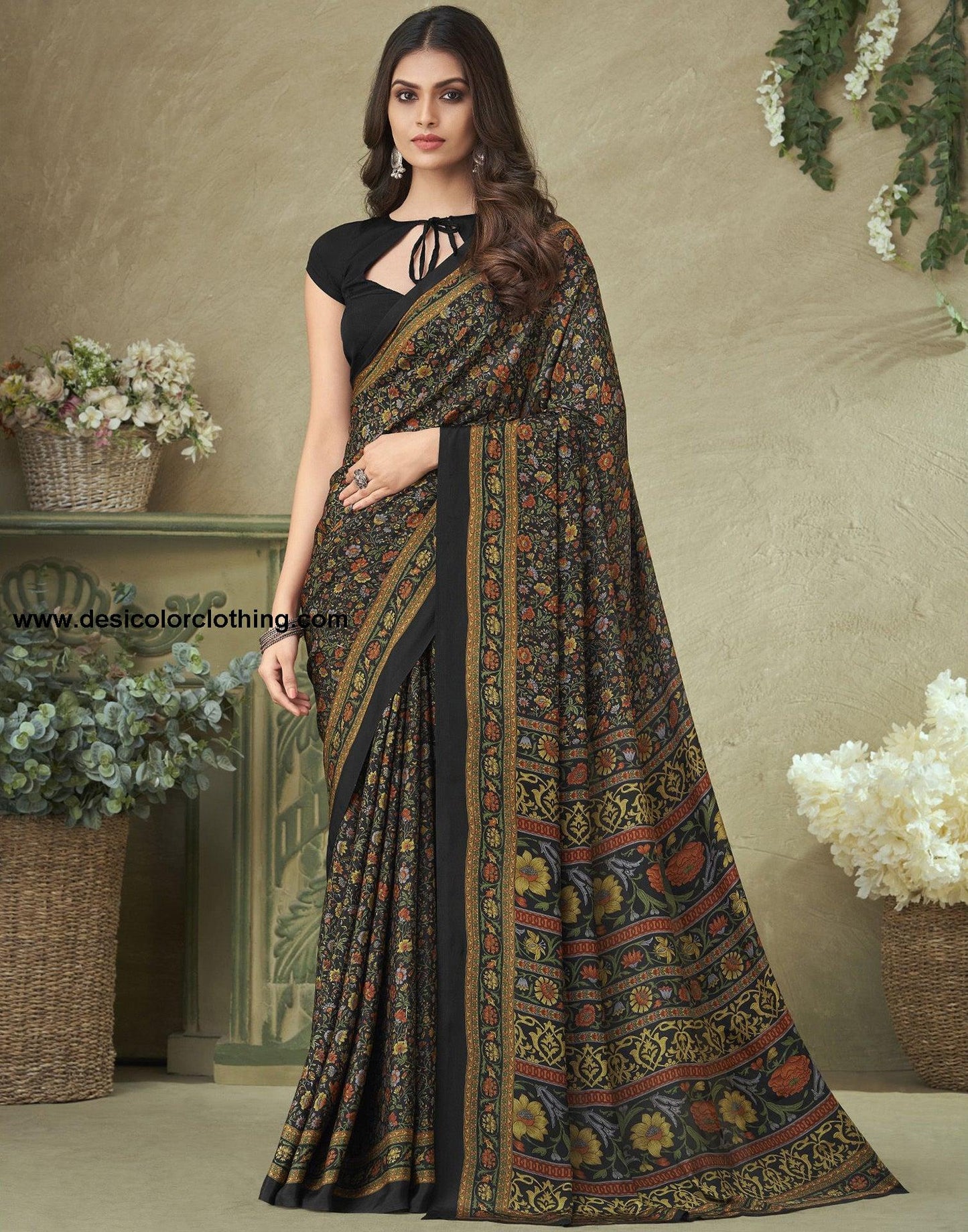 Black And Multicoloured Silk Floral Printed Saree