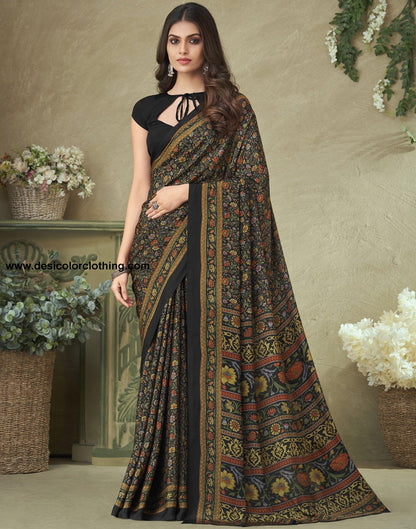 Black And Multicoloured Silk Floral Printed Saree