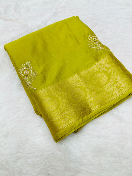 Product Image - Elegant Pure Chinnon Saree with Jacquard Zari Butta and Rich Pallu | Designer Festive Wear