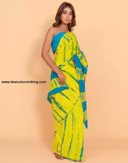 Yellow And Blue Tie And Dye Saree