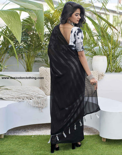 Black Chiffon Zari Plain Saree