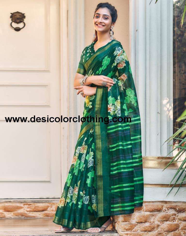 Dark Green Cotton Printed Saree