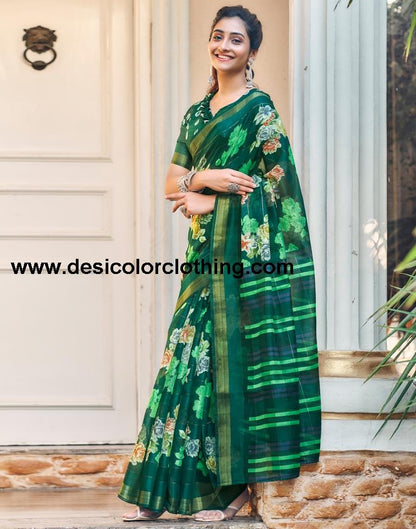 Dark Green Cotton Printed Saree